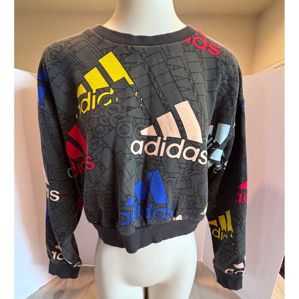 Adidas Womens Multi Color Logo Print Cropped Sweatshirt Dark Gray Small